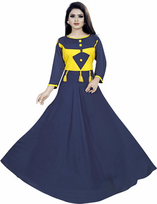 ARYANE1604 Women Gown Dark Blue, Yellow Maxi/Full Length Dress