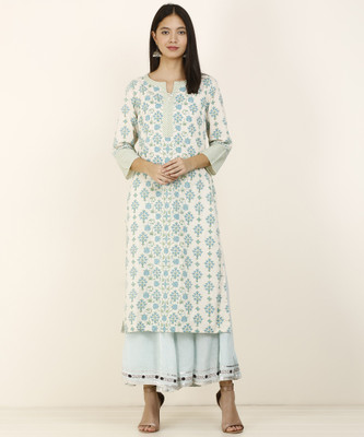 fabindia-women-printed-straight-kurtagreen
