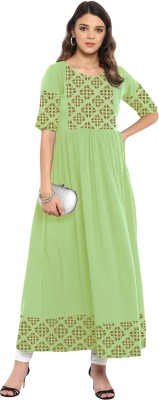 Janasya Women Printed A-line Kurta(Light Green)