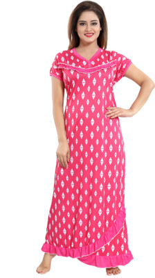 Glam World Women Nighty(Pink, White)