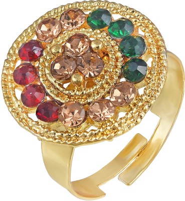 MissMister Gold Plated, Round Shape Colourful CZ Free Size Adjustable Finger Ring Traditional Women Brass Gold Plated Ring