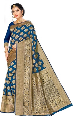 manvaa Self Design Banarasi Silk Blend Saree(Blue)