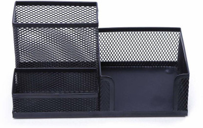 Cpixen 3 Compartments Metal Desk Organizer, Space Saving Mesh Desk Organizer 3 Components Office Supply(Black)