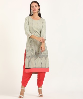 Span Women Printed Straight Kurta(Light Green)