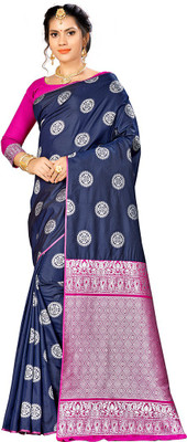manvaa Self Design Bollywood Silk Blend Saree(Dark Blue)