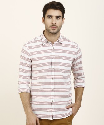 FLYING MACHINE Men Striped Casual White, Maroon Shirt