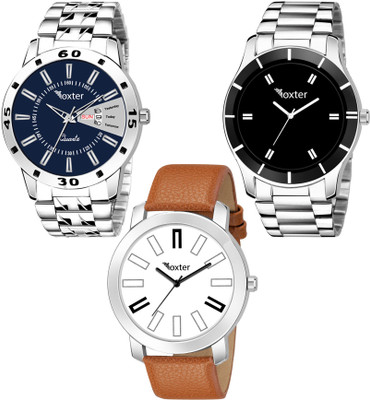 Foxter Combo Of Three Metallic And Leather Super Quality Analog Watch - For Men