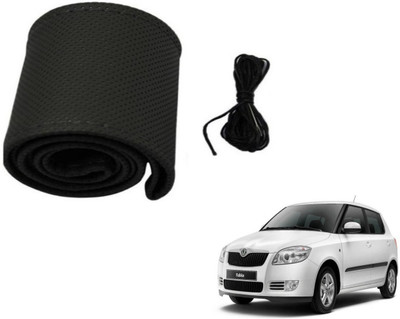 Auto Hub Hand Stiched Steering Cover For Skoda Fabia(Black, Leatherite)