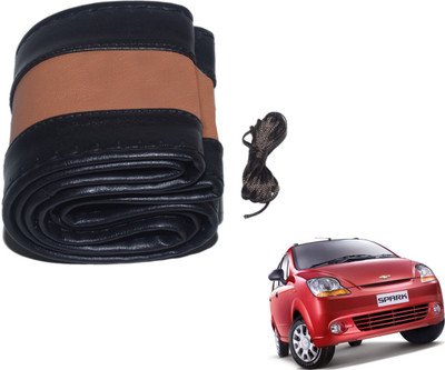 Auto Hub Hand Stiched Steering Cover For Chevrolet Spark(Black, Brown, Leatherite)