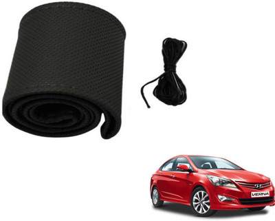 Auto Hub Hand Stiched Steering Cover For Hyundai Verna Fluidic(Black, Leatherite)