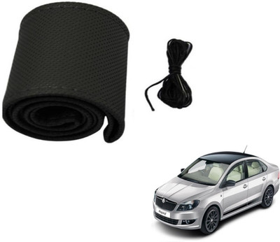 Auto Hub Hand Stiched Steering Cover For Skoda Rapid(Black, Leatherite)