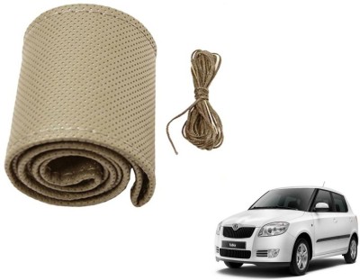 Auto Hub Hand Stiched Steering Cover For Skoda Fabia(Beige, Leatherite)