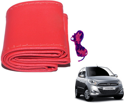 Auto Hub Hand Stiched Steering Cover For Hyundai i10(Red, Leatherite)
