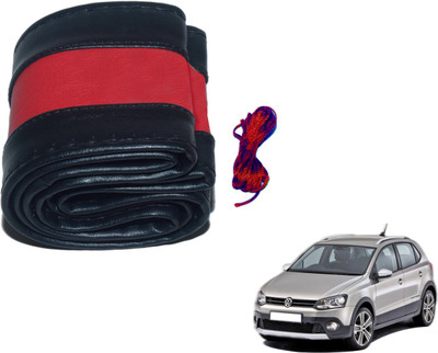 Auto Hub Hand Stiched Steering Cover For Volkswagen Polo Cross(Black, Red, Leatherite)
