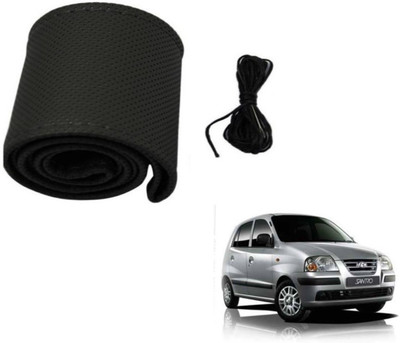 Auto Hub Hand Stiched Steering Cover For Hyundai Santro(Black, Leatherite)