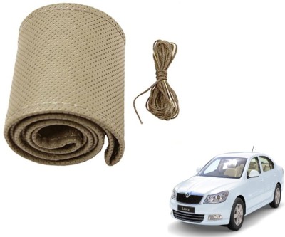 Auto Hub Hand Stiched Steering Cover For Skoda Laura(Beige, Leatherite)