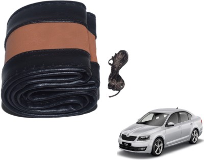 Auto Hub Hand Stiched Steering Cover For Skoda Octavia(Black, Brown, Leatherite)