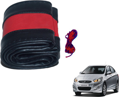 Auto Hub Hand Stiched Steering Cover For Hyundai Fluidic Verna(Black, Red, Leatherite)