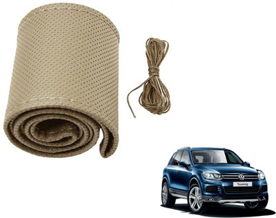 Auto Hub Hand Stiched Steering Cover For Volkswagen Touareg(Beige, Leatherite)
