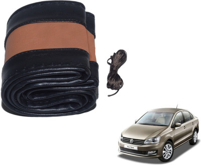 Auto Hub Hand Stiched Steering Cover For Volkswagen Vento(Black, Brown, Leatherite)