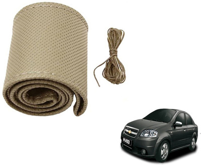 Auto Hub Hand Stiched Steering Cover For Chevrolet Aveo(Beige, Leatherite)