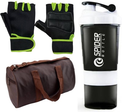 Rocket Sales Combo Of Leatherite (Brown) Gym Bag, Lycra Gym Gloves With Wrist Support Fitness Accessory Kit Kit