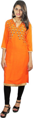 De Calma Women Printed Straight Kurta(Orange)
