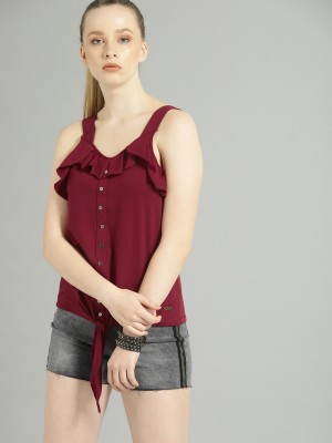 Roadster Casual No Sleeve Solid Women Maroon Top