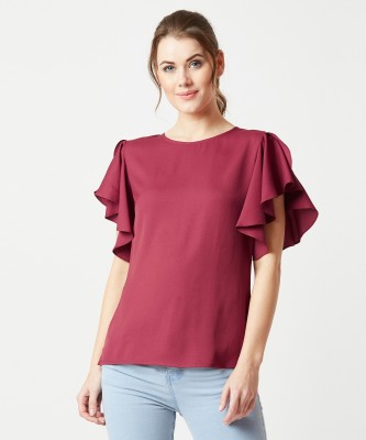 Miss Chase Casual Flared Sleeve Solid Women Maroon Top