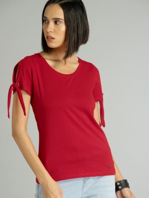 Roadster Casual Slit Sleeve Solid Women Red Top