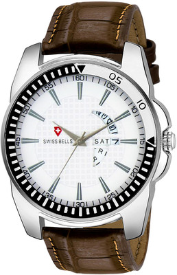 Swiss Bells SBA-042 Imported White Dial Brown genuine Leather Strap Day & Date Working Wrist Analog Watch - For Men