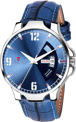 Swiss Bells SBA-030 Imported Blue Dial Blue genuine Leather Strap Day & Date Working Wrist Analog Watch - For Men