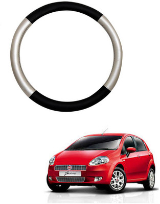 MATIES Steering Cover For Fiat Grand Punto(Silver Black, Leatherite)