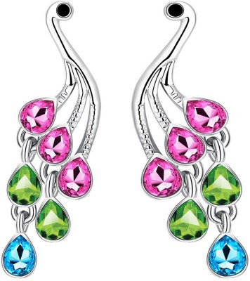 Om Jewells Rhodium Plated Pink Crystal Delicate Dancing Peacock Earrings Crystal Alloy Drops & Danglers