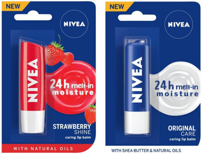 NIVEA Lip Care, Fruity Shine Strawberry & Lip Care, Essential Care Strawberry(Pack of: 2, 9.6 g)