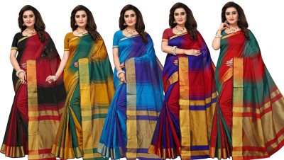 Bhuwal Fashion Striped Bollywood Silk Blend Saree(Pack of 5, Multicolor)