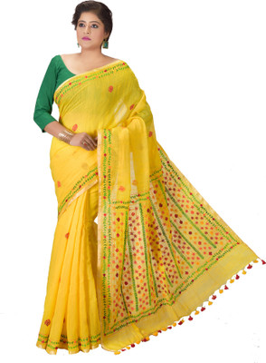 crochetin Embroidered Handloom Handloom Cotton Blend Saree(Yellow)