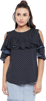 FORELEVY Casual Half Sleeve Printed Women Black Top