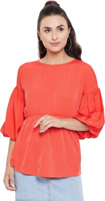 FORELEVY Casual Balloon Sleeve Solid Women Red Top