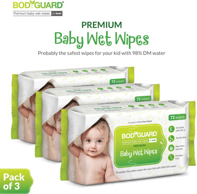 BodyGuard Premium Paraben Free Baby Wet Wipes with Aloe Vera - 216 Wipes (3 Pack, 72 each)(216 Wipes)
