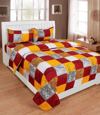 Megamall 144 TC Microfiber Double Checkered Flat Bedsheet(Pack of 1, Red Yellow)