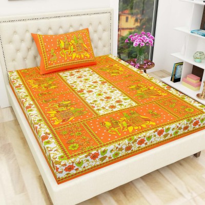 JAIPUR PRINTS 240 TC Cotton Single Floral Fitted & Flat Bedsheet(Pack of 1, Orange)
