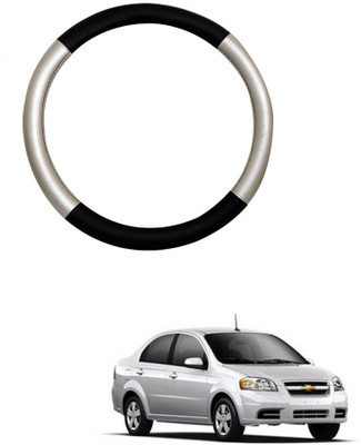 MATIES Steering Cover For Chevrolet Aveo(Silver Black, Leatherite)