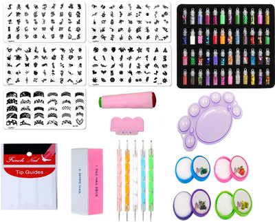 Royalkart Mega Combo Kit Of Nail Art Tools 3D Nail Art Stamping Image Plates, Double-sided Stamper & Metal Scraper, 48 pcs Glitter Bottle Set, 5 pcs Double-sided Dotting Tool, Nail Art Palette, Nail Buffer, Finger Tip Guide and Multicolour Nail Cleaning Tissue(multicolour)