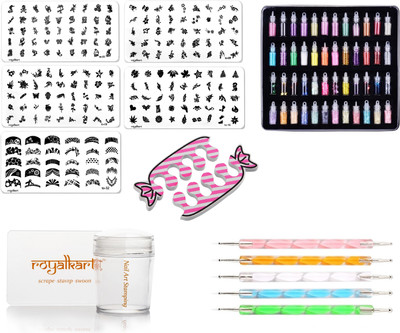Royalkart Master Nail Art Kit With 5 Image Plates, 1 Silicone Stamper and Scrapper,48pcs Glitter Bottles,5pcs Double-Sided Dotting Tool, 1 Finger Nail Rest(Multicolor)
