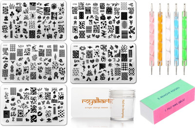 Royalkart Nail Art Stamping Kit With Jumbo 5 Image Plates (CF Plate) With Silicone Stamper & Scraper, Nail Art Buffer And 5 Pcs Double- Sided Dotting Tool(Multi)