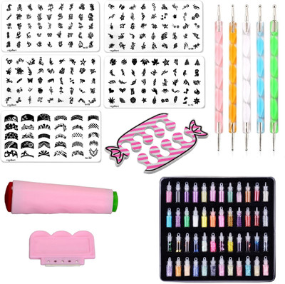 Royalkart Master Nail Art Kit With 5 Image Plates, Double-Sided Stamper and Scraper,48pcs Nail Glitter Bottles,5pcs Double-Sided Dotting Tool And Finger Nail Rest(Multicolor)