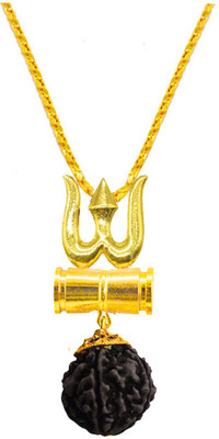 Men Style Lord Shiva Trishula Damaru Locket With With Chain Gold-plated Beads Brass, Wood Pendant Set