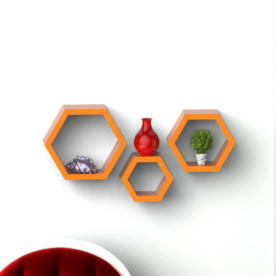 AmazingShopee Set Of 3 Hexagon shape Designer Storage Shelves -Brown MDF (Medium Density Fiber) Wall Shelf(Number of Shelves - 1, Orange)
