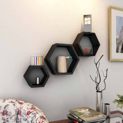 AmazingShopee Set Of 3 Hexagon shape Designer Storage Shelves -Brown MDF (Medium Density Fiber) Wall Shelf(Number of Shelves - 3, Black)